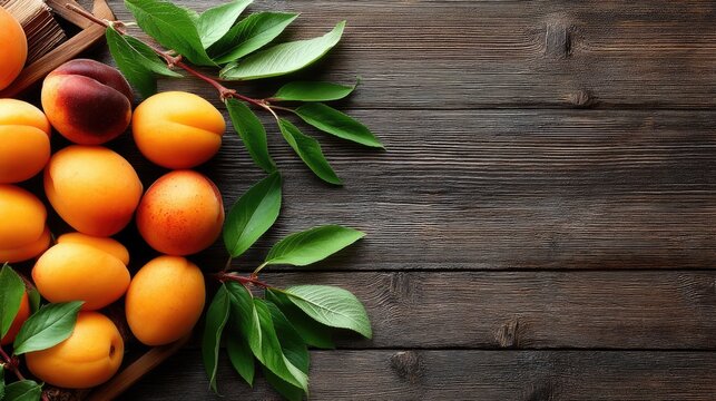 Freshly harvested peaches and apricots arranged on a rustic wooden surface with vibrant green leaves in natural lighting - Powered by Adobe