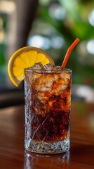 Refreshing cola cocktail with orange slice and ice in an elegant cut crystal glass, perfect for summer relaxation and beverage photography