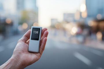 Hand holds a digital device displaying '138', blurred urban backdrop. Precision with portability, showcasing future.