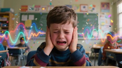 Realistic illustration autistic child boy covering ears in school classroom hallway with bright sound waves and icons visualizing auditory sensory overload autism ADHD awareness