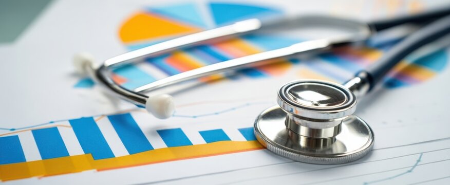 The stethoscope resting on a financial health analysis chart and graphs.