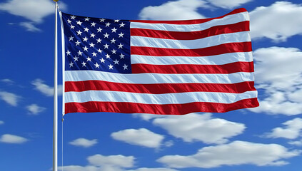 Obraz premium United states of america flag waving in the wind against blue sky and clouds