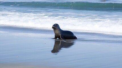 Adorable Seal Pup on Sandy Beach Ocean Wave Background