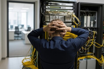 Frustrated IT Professional Troubleshooting Server Room Issue with Head in Hands in Modern Office