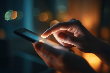 Point finger on screen phone closeup, person testing test message, touch blue screen on smartphone. Night Bokeh Light. Close-UP. Person using in hands mobile phone close up in the dark. Online wi-fi