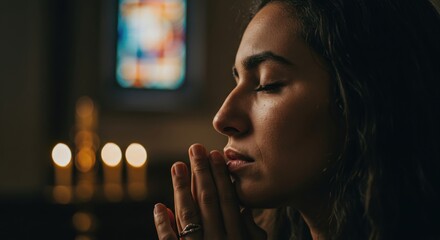 Person in Silent Prayer with Eyes Closed in Church Temple Spiritual