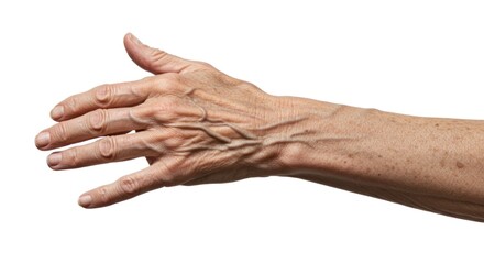 Closeup of an aged hand and forearm with prominent veins and age spots