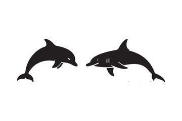 Two silhouetted dolphins leaping together in the water