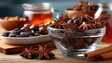 Different varieties of spices presented in bowls on a wooden surface, showcasing their distinct textures and colors in a cozy culinary setting