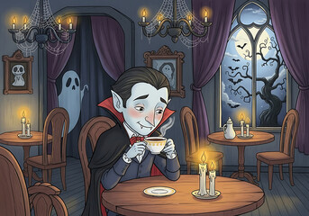 Cartoon vampire enjoying tea in a spooky room at halloween