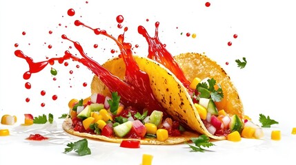 Salsa splashing onto a taco with vibrant reds, yellows, and greens, emphasizing a fresh, zesty contrast, isolated on a white background,