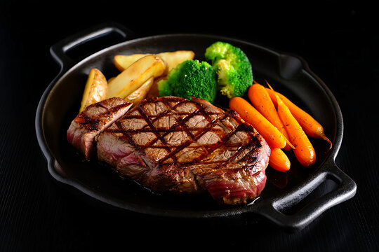 Grilled Steak with Roasted Vegetables on Cast Iron Skillet Delicious Gourmet Meal