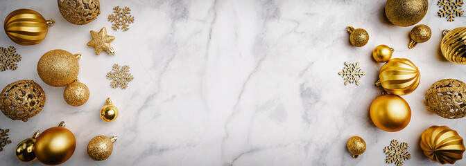 A collection of gold Christmas ornaments artfully arranged on a white marble background, creating an elegant and festive atmosphere. Christmas and New Year holiday card