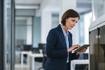 Professional Businesswoman Using Tablet in Modern Office Environment with Focused Expression.
