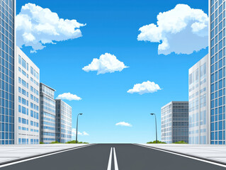 Obraz premium Cityscape with modern buildings and clear blue sky, featuring wide road and fluffy clouds, creates serene urban atmosphere