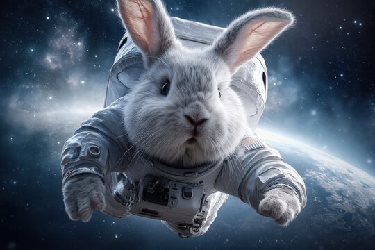 Astronaut rabbit floating in space among distant stars and planets - Powered by Adobe