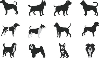 Fototapeta premium Vector set of different dog breed silhouette isolated on white background. American puppy or pet animal clip art. Wild dog doodle sketch or line art. Black dog different funny activity symbol or icon.