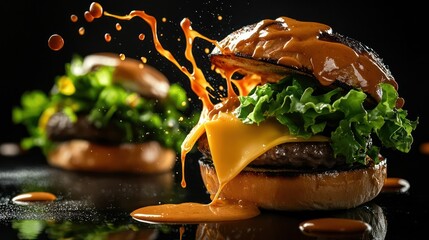 Sauces splashing onto a perfectly grilled burger, creating dynamic contrasts with fresh lettuce and cheese, isolated on a black background,
