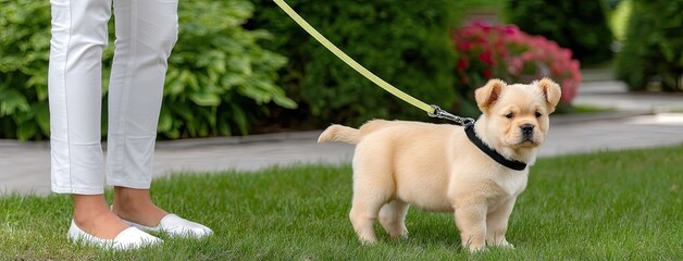 Cute fluffy puppy on a leash explores lush green lawn while owner watches at a sunny park during a warm afternoon