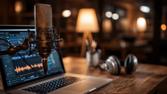 Cozy Home Podcast Studio with Microphone and Laptop for Recording