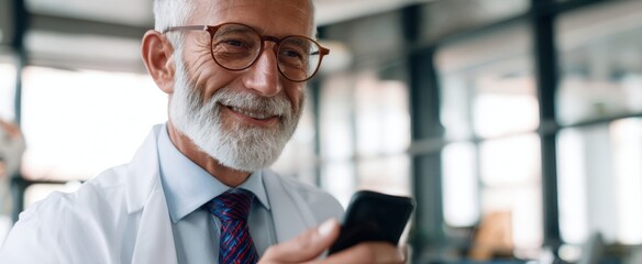 The confident doctor smiling while using a smartphone in a modern office setting.
