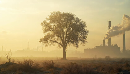 Obraz premium Tree in polluted environment with industrial buildings and smog. Polluted environment features silhouette of tree against misty background with chimneys emitting smoke into sky.