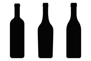 Silhouette of three wine bottles in black with various shapes isolated on a white background