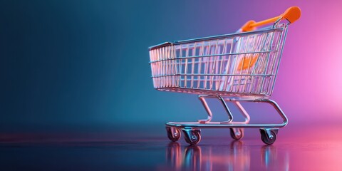 The shopping cart stands elegantly against a vibrant illuminated background.