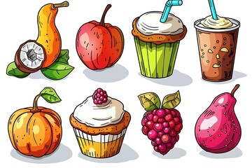Vibrant autumn fruits, cupcakes, and drinks; hand-drawn cartoon style; cheerful mood.