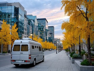 Fototapeta premium Luxury Van Parked on City Street in Autumn. Ginkgo trees with yellow leaves create a scenic urban landscape view.