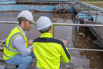 Environmental engineers work at wastewater treatment plants,Water supply engineering working at Water recycling plant for reuse