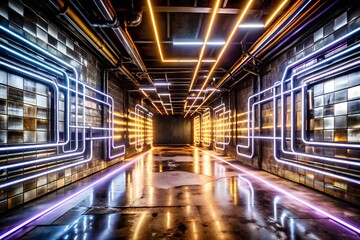 Futuristic Neon Lit Corridor with Reflective Surfaces and Geometric Patterns