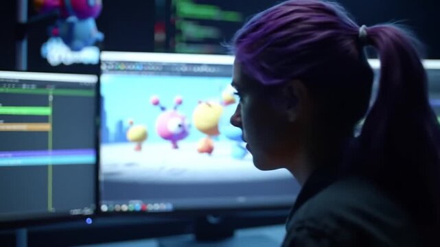 Female designer pointing at 3D animated characters on monitor with modern office.