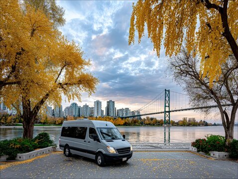 Luxury Van parked near the bridge in Autumn. Scenic city view, fall foliage, and calm water. Perfect travel photo!
