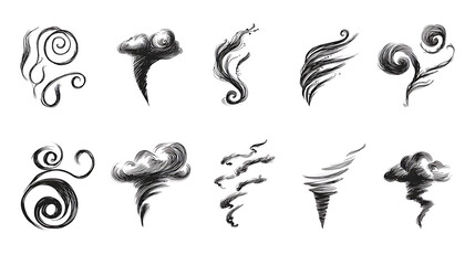 Black ink hand drawn swirling wind and tornado icons cyclone storm