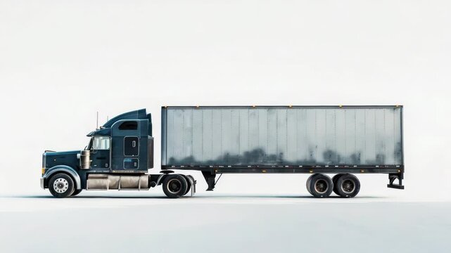 A semi truck drives down the road with a trailer on a snowy day, showing winter weather conditions