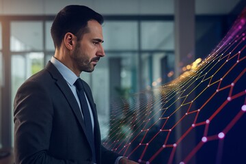 Focused Businessman Analyzing Data Visualization in Modern Office Setting for Future Technology.