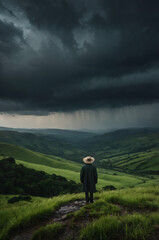 One man with hat is standing on a meadow and watching the dark thunder clouds in the sky - generative AI