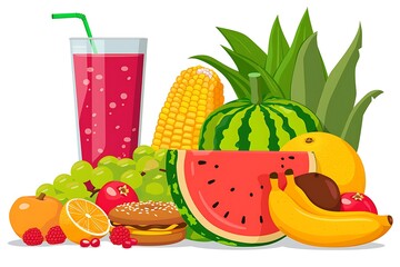 Vibrant Summer Fruit and Juice Still Life: Cartoon Style, Healthy Mood