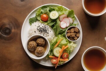 A beautifully arranged plate featuring rice, meatballs, fresh vegetables, and dipping sauces.