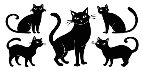 Collection of Five Black Cats in Various Poses - Halloween and Mystical Theme