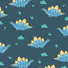 stegosaurus dinosaur cute cartoon seamless vector pattern for kids apparel fullprint fabric