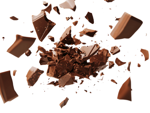 Shattered chocolate pieces exploding isolated on transparent background