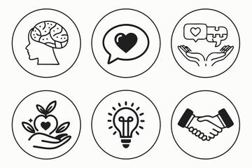 Set of abstract icons representing concepts like mind, love, and innovation