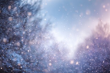 Blurred winter forest with falling snow. Snowfall many dust freeze granules. Blur bokeh snowy backdrop with pine trees. Christmas poster, banner. Dreamy, foggy blue purple sky, orange sun rays light