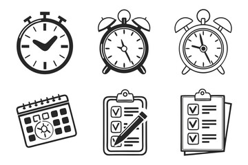 Various icons for time, planning, and task completion, isolated on white background