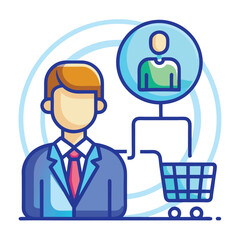 Minimalist Direct Sales Vector Icon: Business Person & Consumer with Shopping Cart

