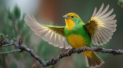 Obraz premium Green and Yellow Bird Taking Flight on Branch