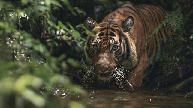 Bengal tiger crouching near a jungle stream its eyes focused on prey thick forest foliage surrounding it