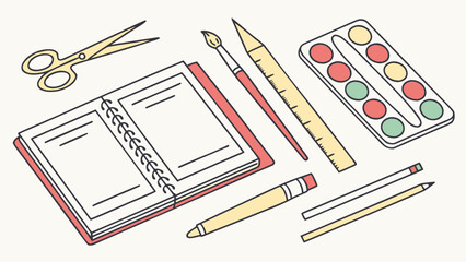 School Stationery and Art Supplies Vector Illustration – Notebook, Pencils, Ruler, Scissors, Paint Palette, and Brush for Education, Drawing, and Creative Projects
